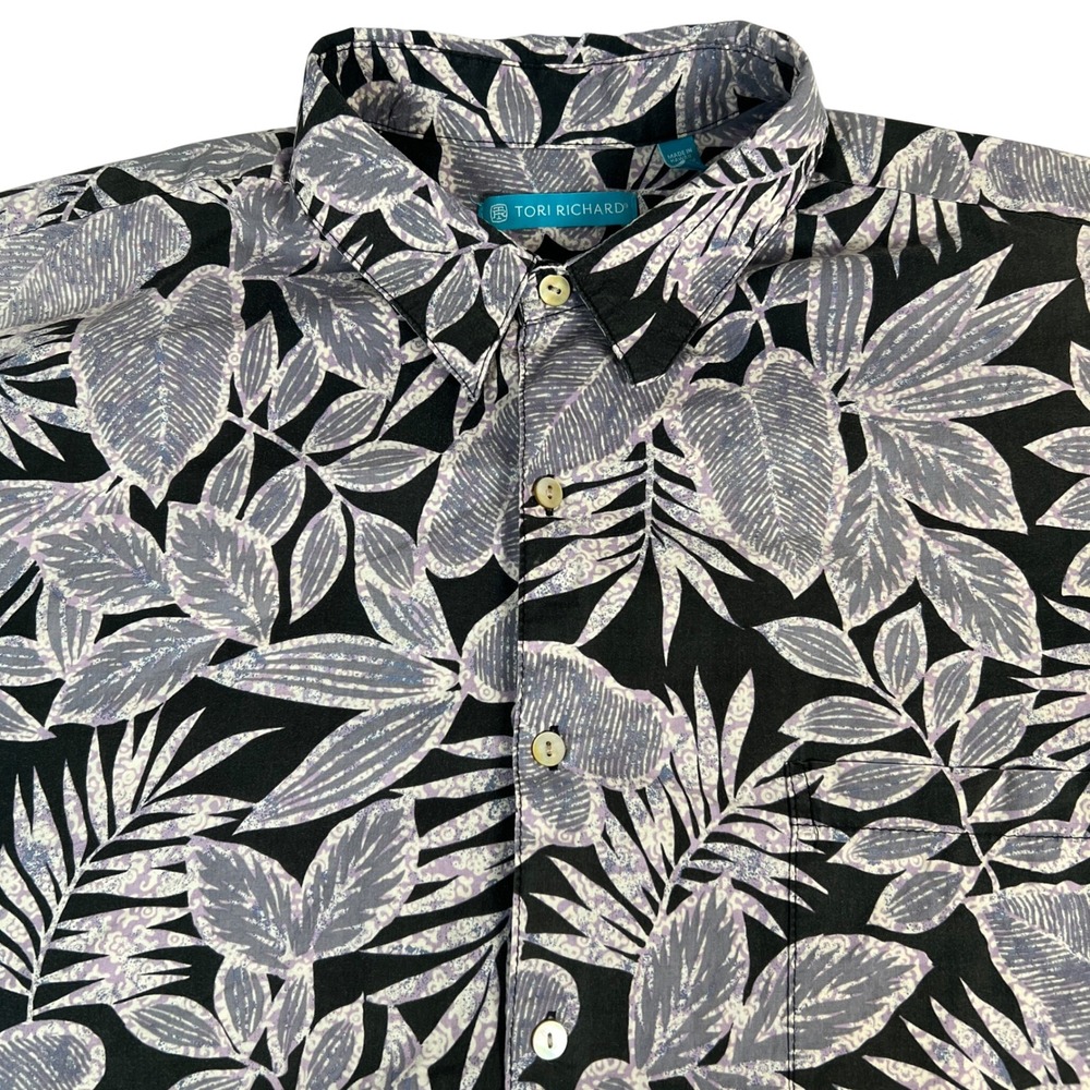 Tori Richard Button Down Mens 2XL Black Purple Leaf Print Aloha Hawaii Shirt